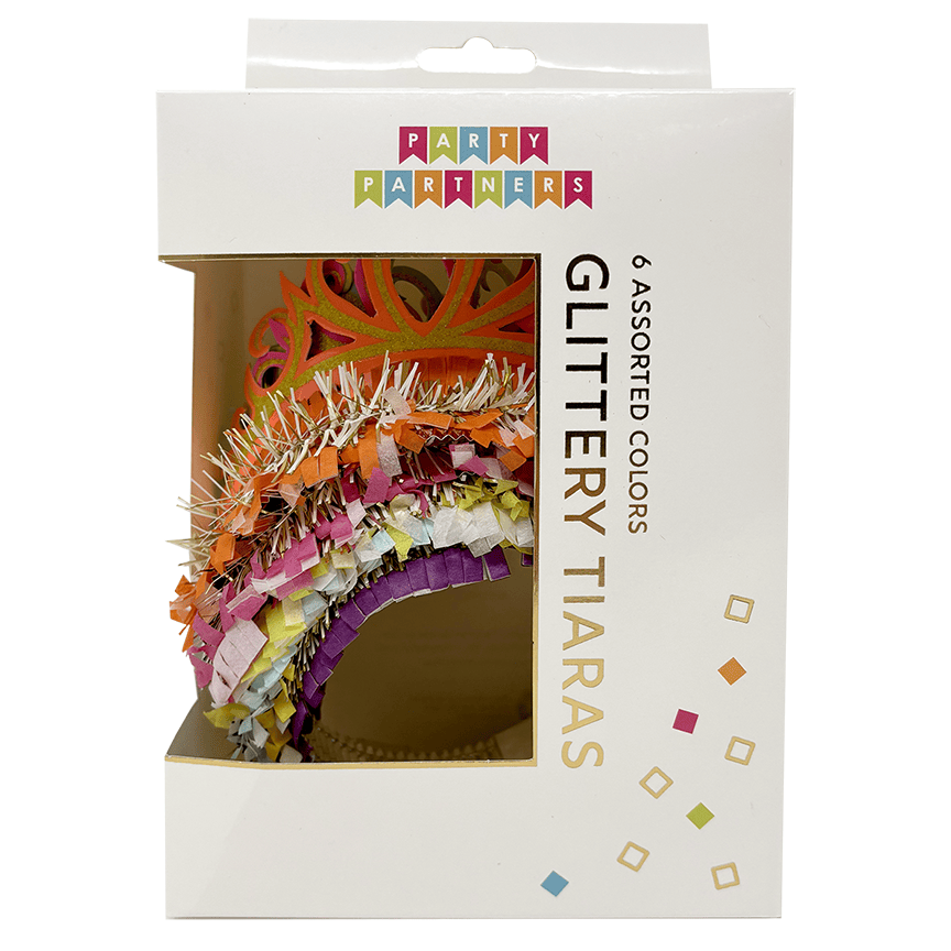 Sparkling glitter tiara party hat from Party Partners with a shiny, decorative design for celebrations and special occasions.